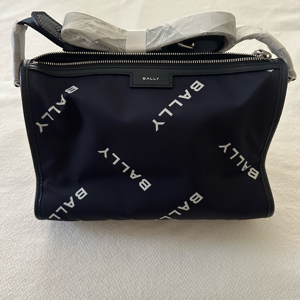 NWOT Bally small messenger bag in blue printed nylon with dust bag and gift bag